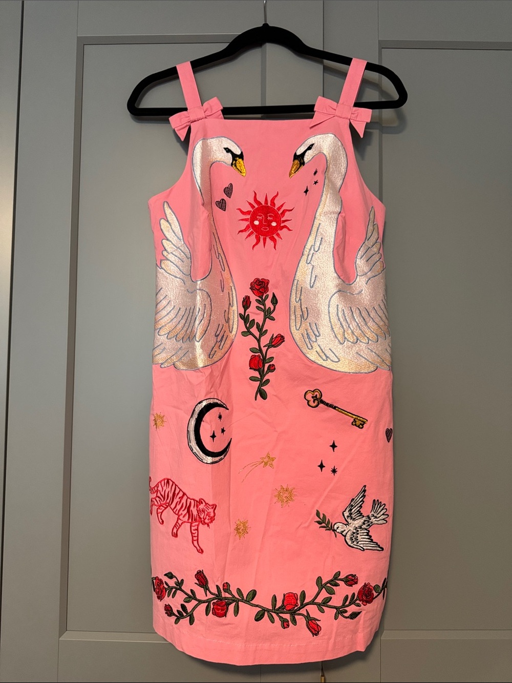 Anthropologie Pink Embroidered Swan & Floral Mini Dress